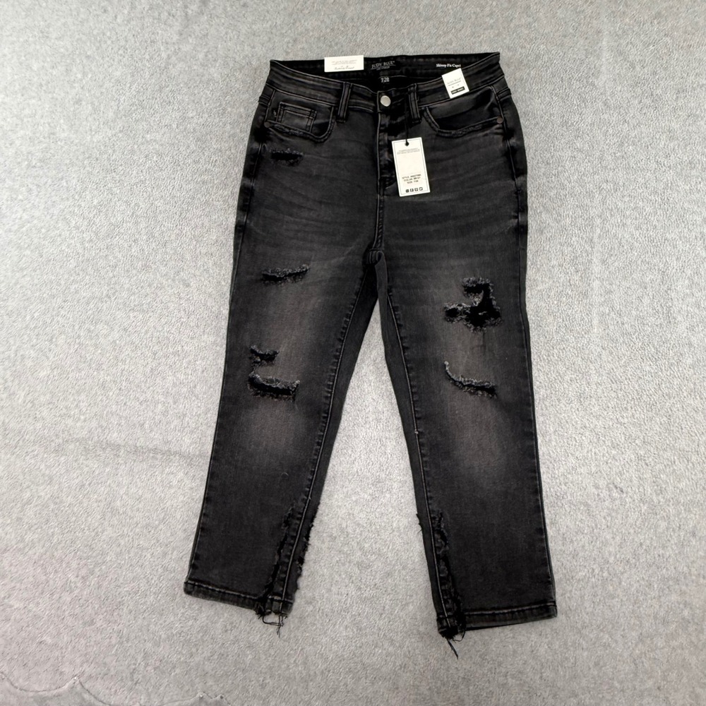 Judy Blue Skinny Fit Capri Womens 7/28 Black Distressed High Waist JB82270BK